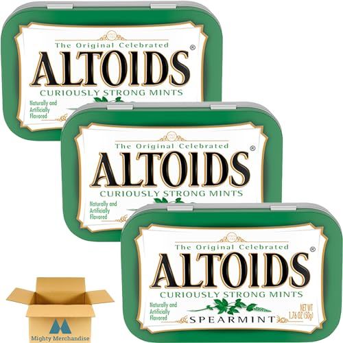 Altoids Curiously Strong Spearmint Breath Mints | 1.76 oz Tins (Pack of 3) | Individual Packs | Great For Holidays, Parties, Gifts &amp; More! | With Mighty Merchandise Pocket Snack Bag