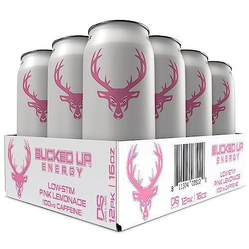 Bucked Up - Low Stim Energy Drink - 100mg Caffeine - Zero Sugar - 12 Pack (Pink Lemonade)