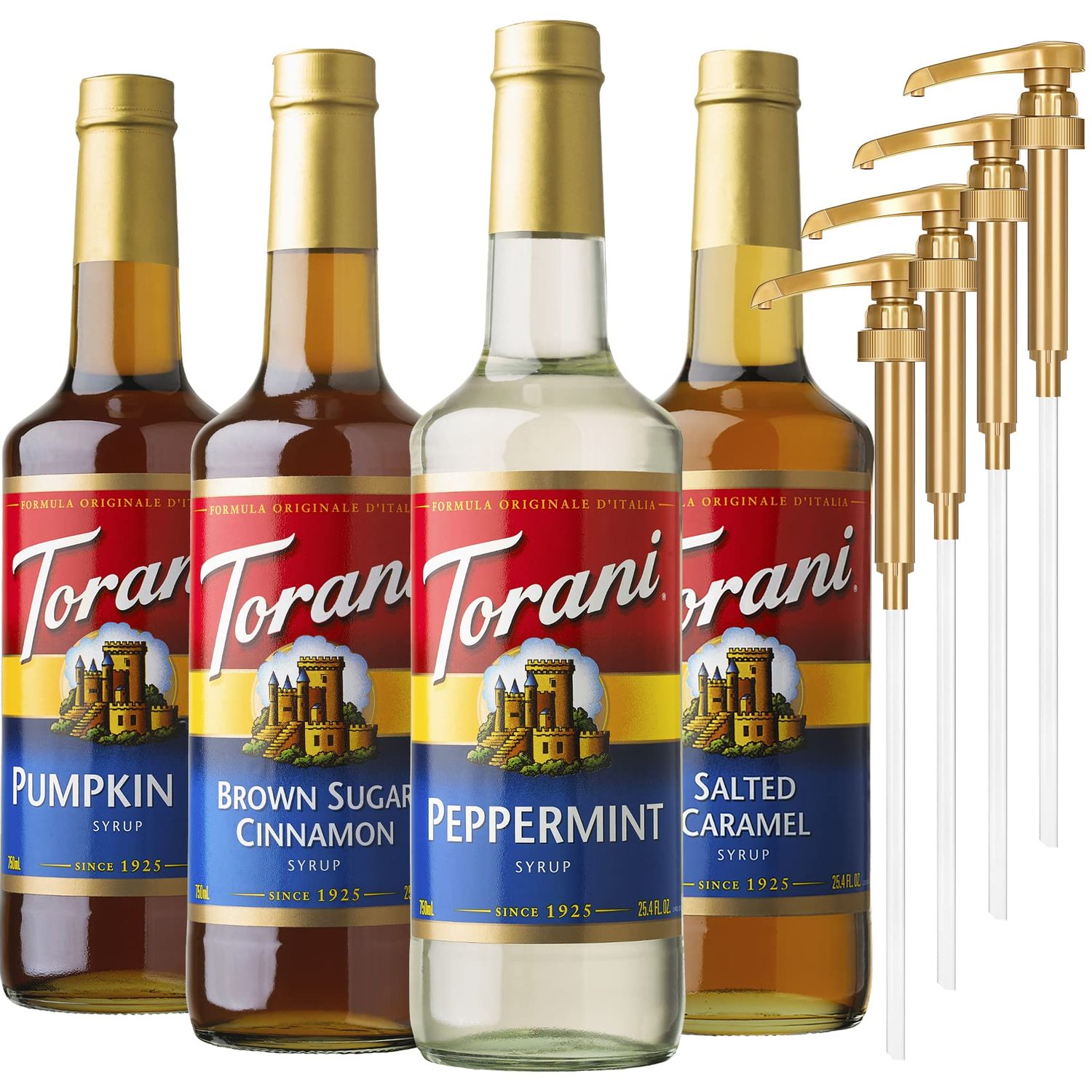 Fall Winter, Pumpkin Pie, Peppermint, Salted Caramel, Brown Sugar Cinnamon Syrup Plastic Bottles with Little Squirt Syrup Pumps - 25.4 Ounces (Set of 4 Syrups &amp; Pumps)