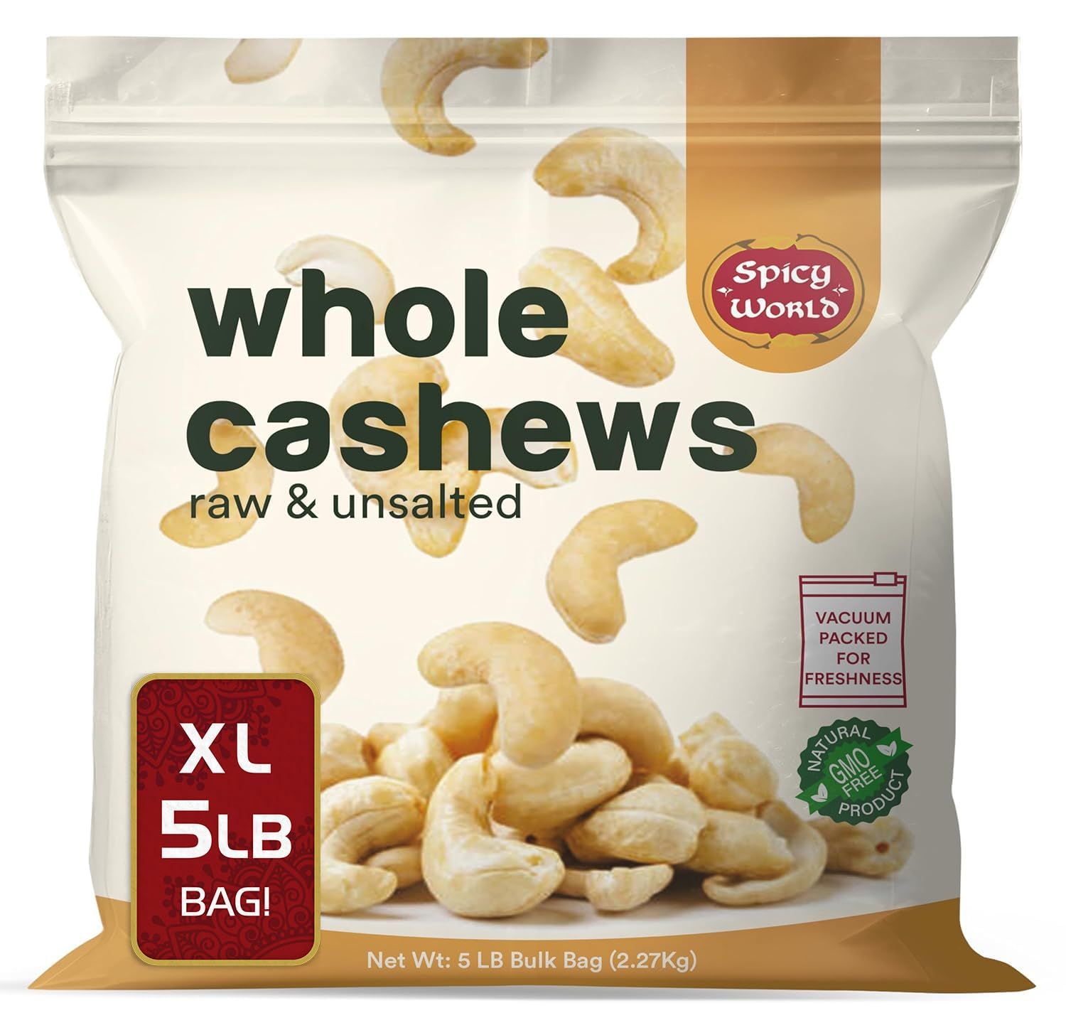 Spicy World Raw Cashews Whole 5 Pound Bulk - Unsalted, Natural &amp; Pure, No Chemicals