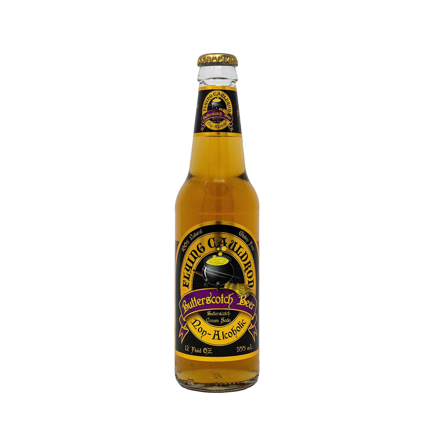 Flying Cauldron Butterscotch Beer, 12 Fl Oz (Pack of 4), Vanilla Cream Soda Brew, All- Natural, Non-Alcoholic and Caffeine free.
