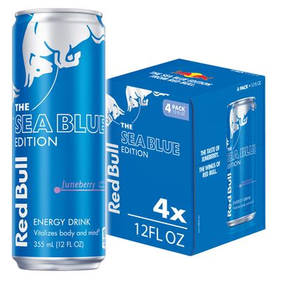 Red Bull Sea Blue Edition Energy Drink, Juneberry, with 114mg Caffeine plus Taurine &amp; B Vitamins, 12 Fl Oz, Pack of 4 Cans