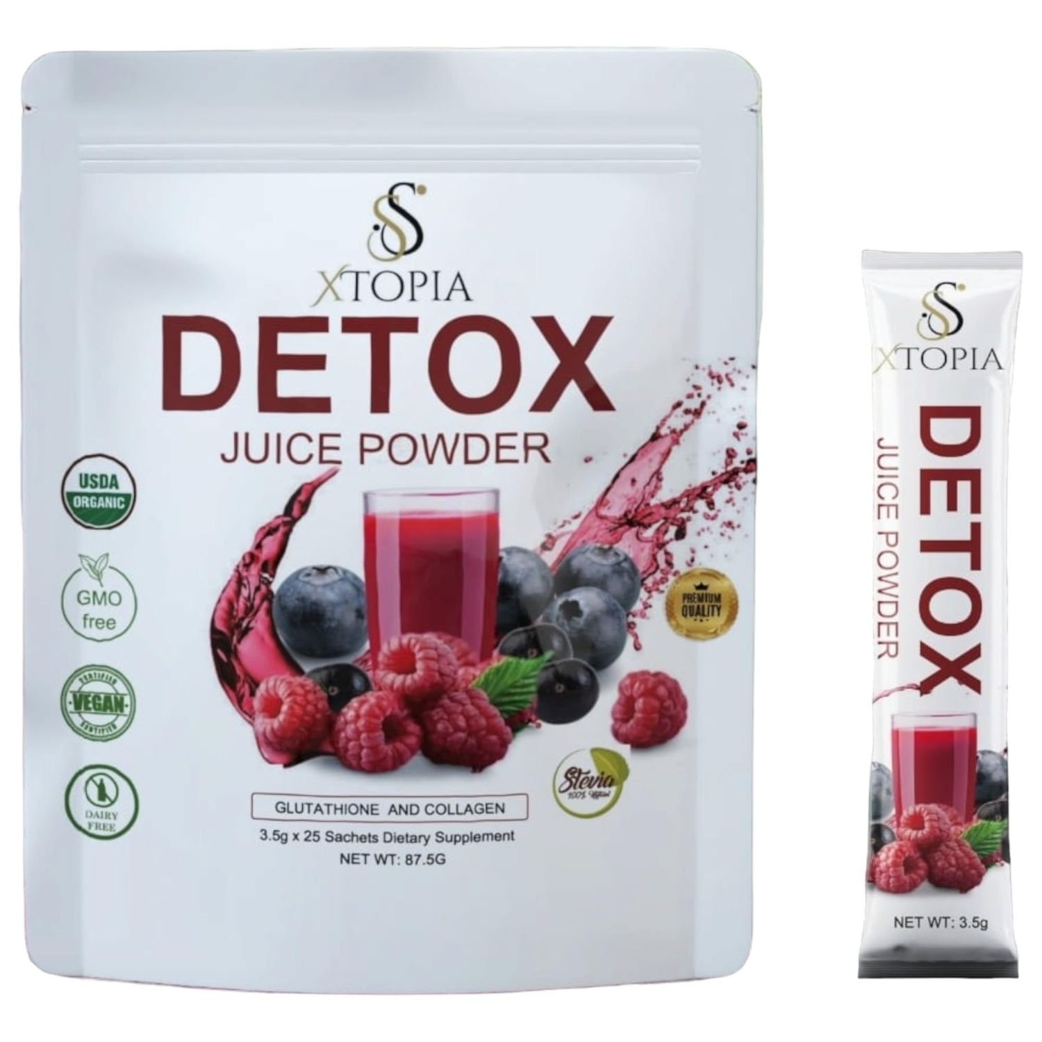 XTOPIA Berries Detox Juice Powder, Blueberries, Acai Berry, Raspberry, L-carnitine, Marine Collagen and More. Superfood. Organic, Antioxidant-Rich, Keto Friendly. Bag of 25 Sticks 3.5g Each