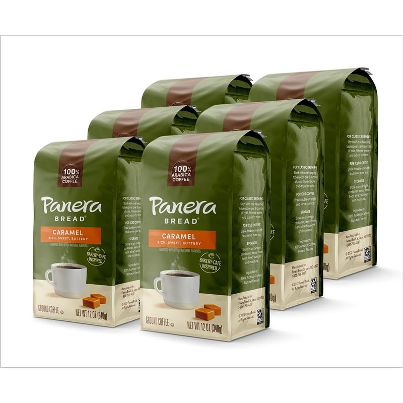Panera Caramel Light Roast, Ground Coffee, Flavored Coffee, Bagged 12oz, Pack of 6