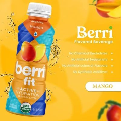 Berri Fit Mango Organic Sports Drink Alternative with Natural Plant-Based Electrolytes, Low Calorie Fitness Beverage, Non-GMO, Paleo Friendly, 16oz, Pack of 12