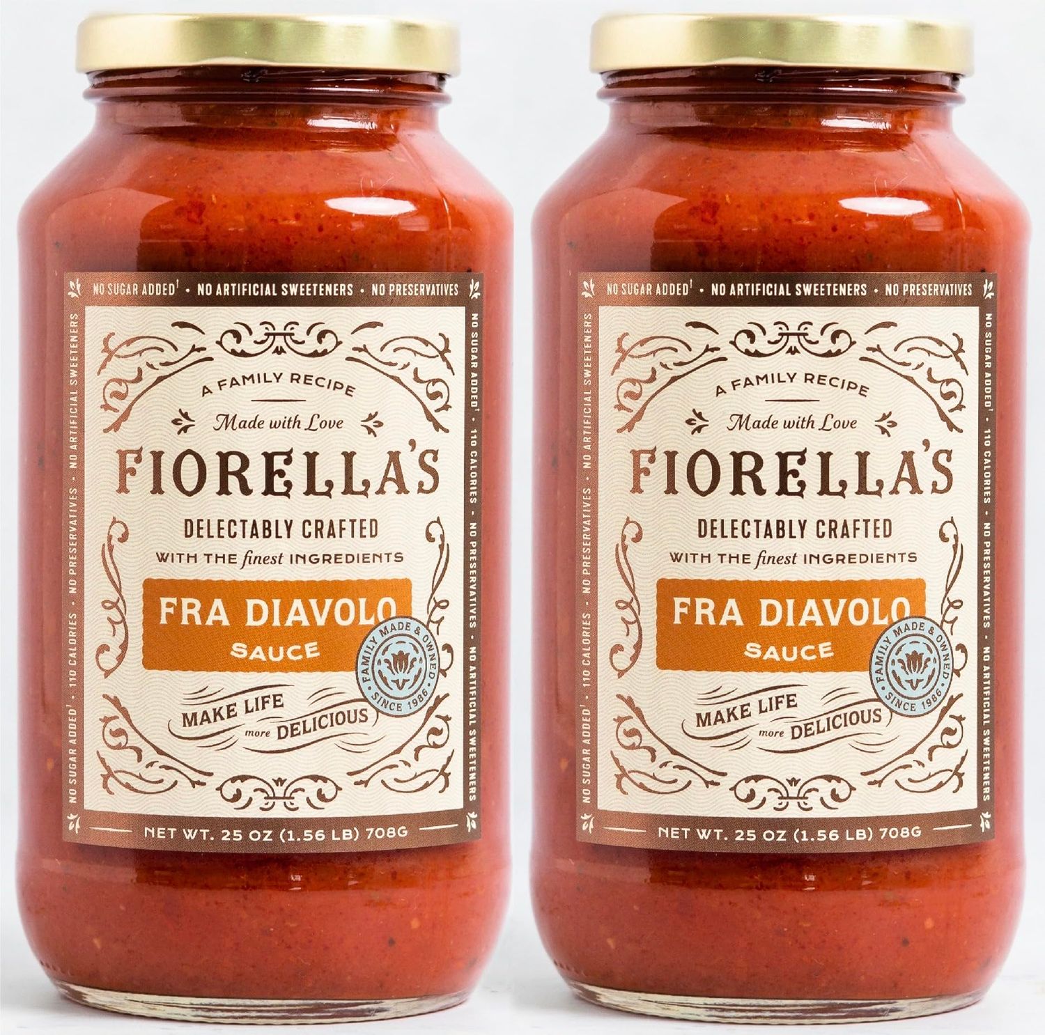 Fiorella&#39;s Fra Diavolo, Arrabbiata Sauce - Tomato Sauce Made with Fresh Ingredients - No Sugar Added, No Preservatives Added, No Artificial Sweeteners, Pasta Sauce, 25 Oz (Pack of 2)