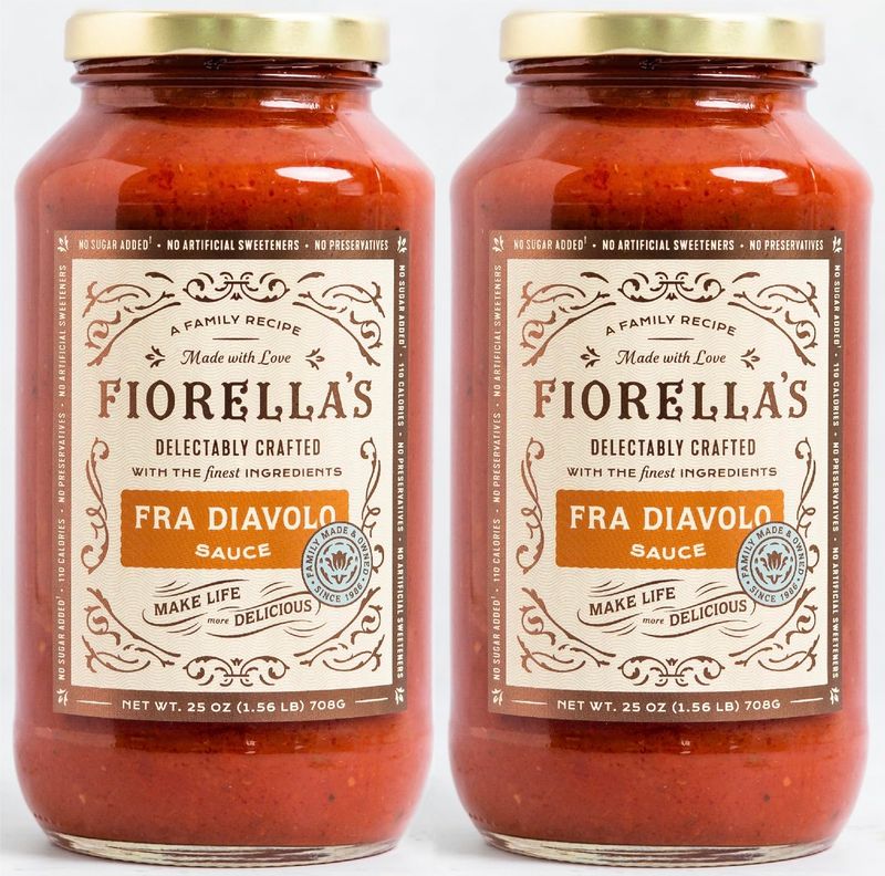 Fiorella&#39;s Fra Diavolo, Arrabbiata Sauce - Tomato Sauce Made with Fresh Ingredients - No Sugar Added, No Preservatives Added, No Artificial Sweeteners, Pasta Sauce, 25 Oz (Pack of 2)