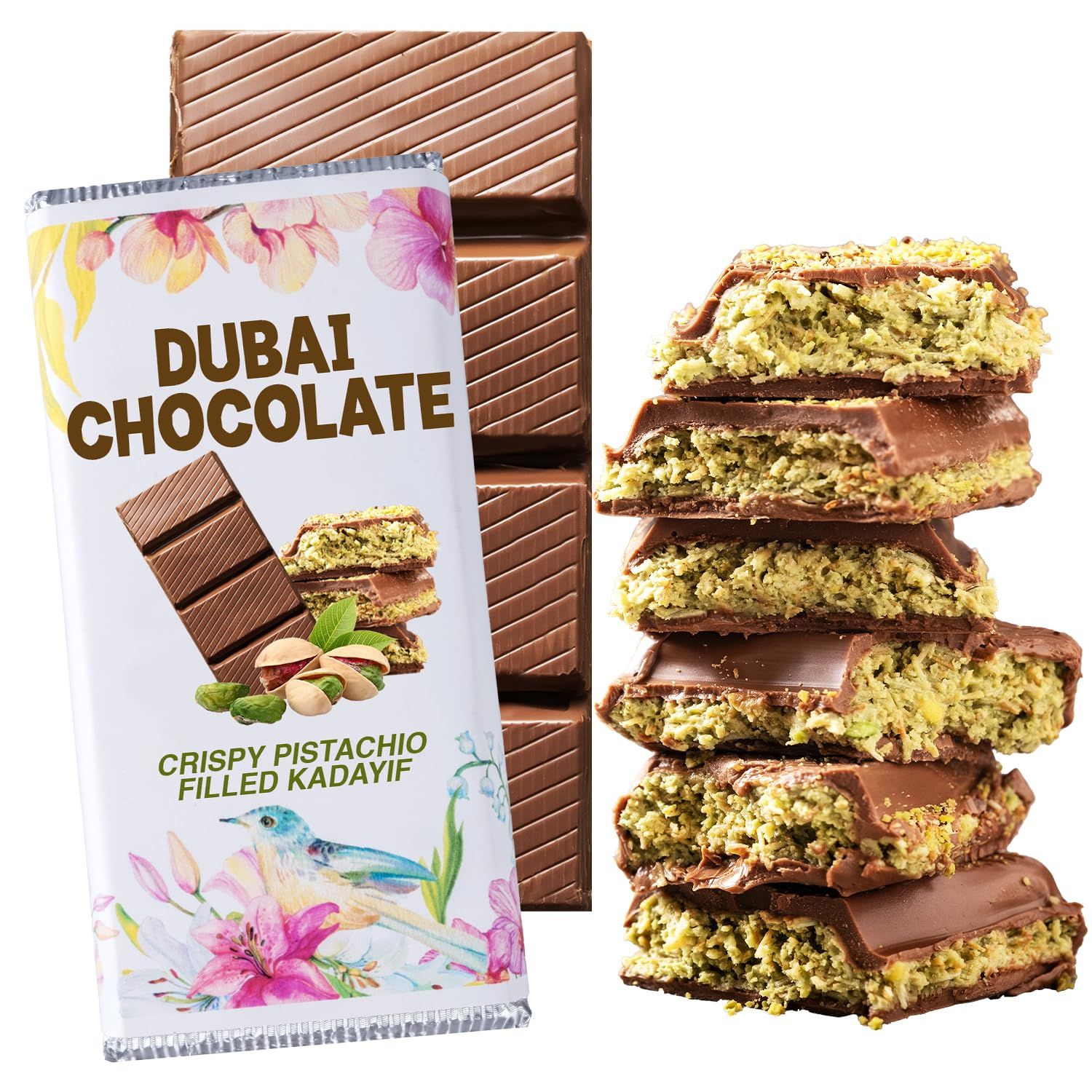 Dubai Crispy Knafeh Chocolate Pistachio Bar 7oz | Famous Dubai Kunafa Pistachio Chocolate Bar | Crispy Kunafe with Pistachio Paste | Gourmet Dessert Gift