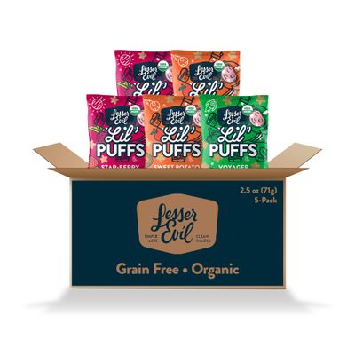 LesserEvil Lil&#39; Puffs Variety Pack, Contains 2 Sweet Potato Apple, 2 Strawberry Beet, and 1 Veggie Blend, Organic Snacks for Kids, Rice-Free, 0g Sugar Per Serving, 2.5 Oz, (Pack of 5)