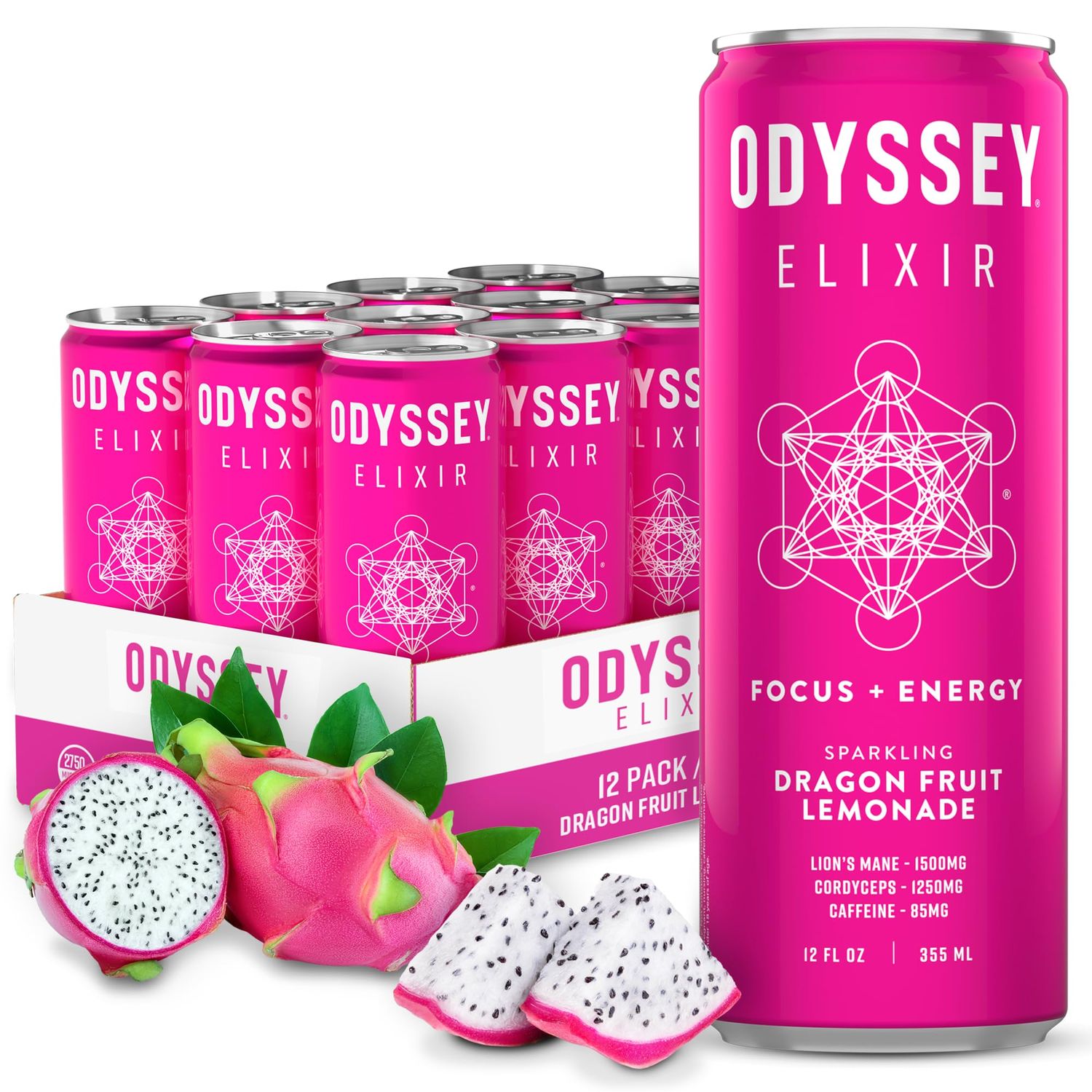 Odyssey Elixir Sparkling Adaptogen Drink, Low Calorie Drinks, L Theanine, Lions Mane, Cordyceps &amp; Green Tea Caffeine for Energy &amp; Focus, Non-GMO, Vegan, Dragon Fruit Lemonade Flavor, 12 Fl oz, 12 Pack