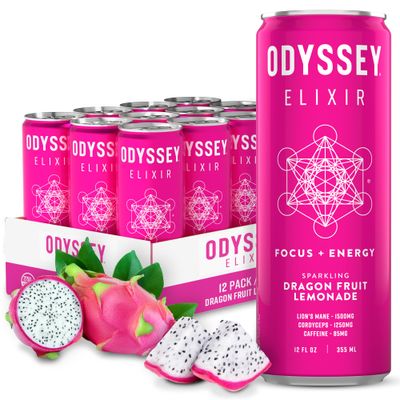 Odyssey Elixir Sparkling Adaptogen Drink, Low Calorie Drinks, L Theanine, Lions Mane, Cordyceps &amp; Green Tea Caffeine for Energy &amp; Focus, Non-GMO, Vegan, Dragon Fruit Lemonade Flavor, 12 Fl oz, 12 Pack