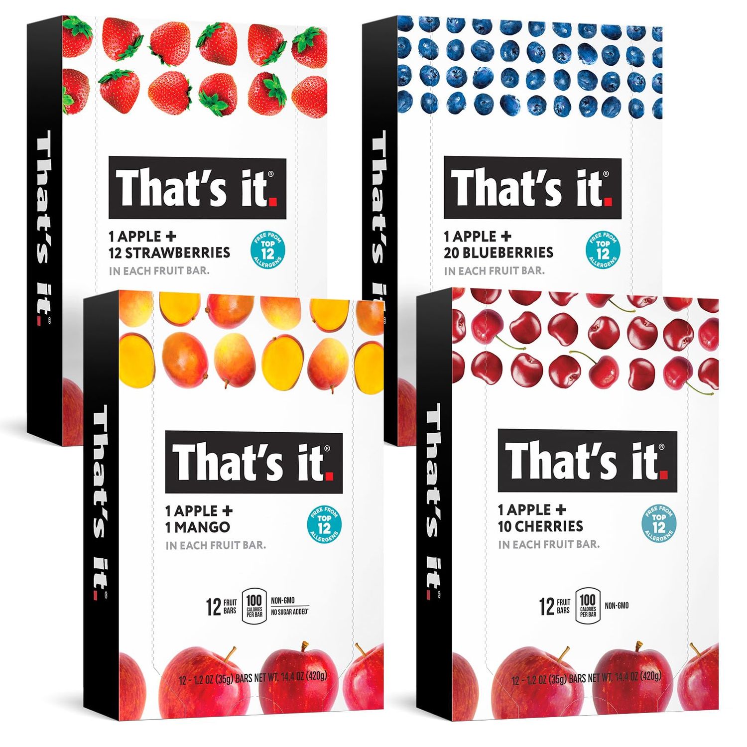 That&#39;s it. (48 Count) Variety Pack | Strawberry, Blueberry, Mango &amp; Cherry flavors | 100% Natural Real Fruit bars. Strawberry. Plant-based, Vegan, gluten-free. No added Sugar. Top 12 allergen free