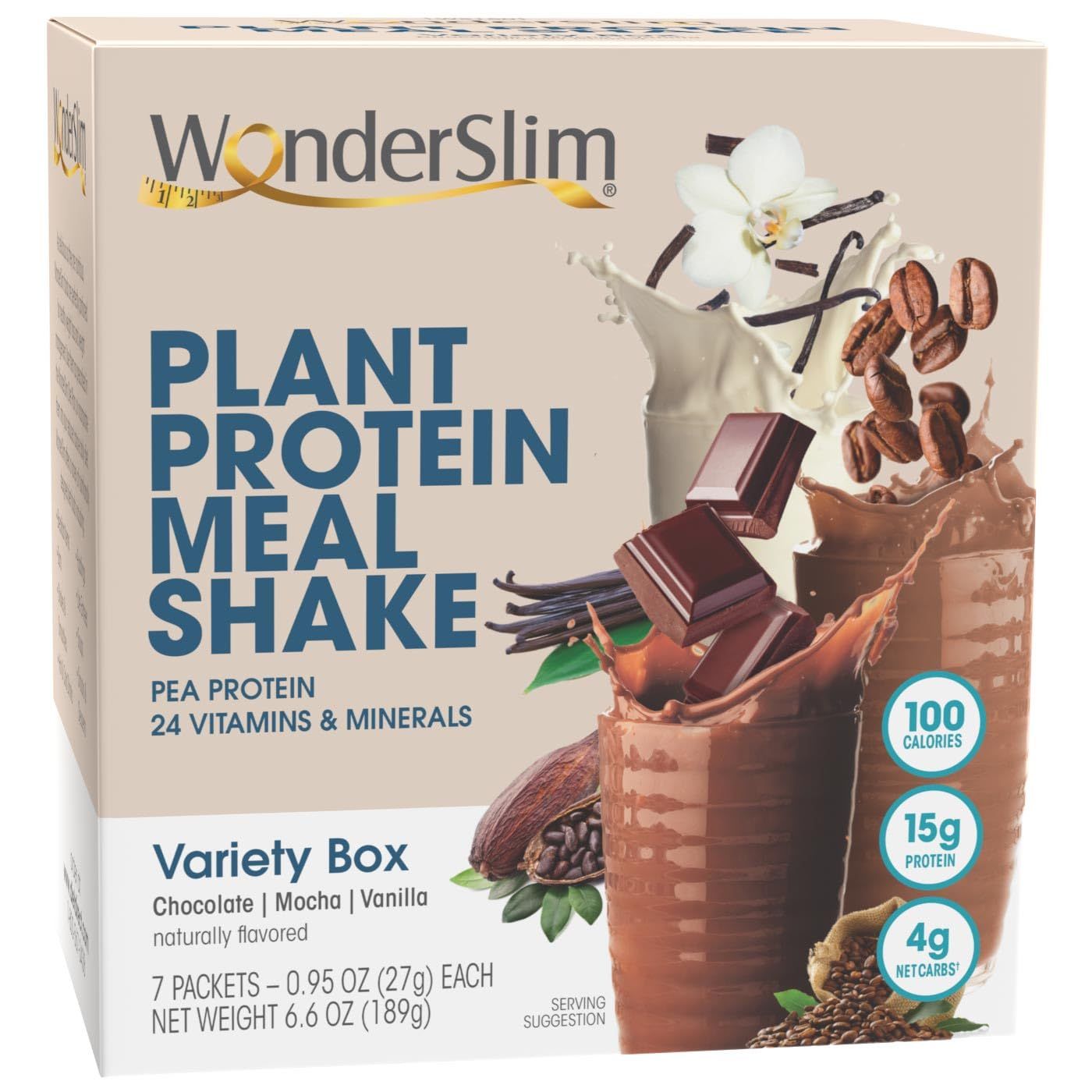 WonderSlim Plant Based Meal Replacement Shake, Variety Pack, 15g Protein, Keto Friendly &amp; Low Carb, 1g Sugar or Less, No Gluten, Soy, or Dairy (7ct)