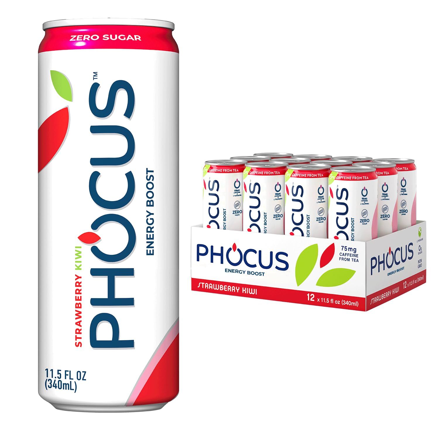 PHOCUS Energy Drink, Strawberry Kiwi Sparkling Water, 75mg Natural Caffeine Plus L-Theanine, Zero Sugar, Zero Calories, No Artificial Sweeteners, 11.5 fl oz Cans (Pack of 12)