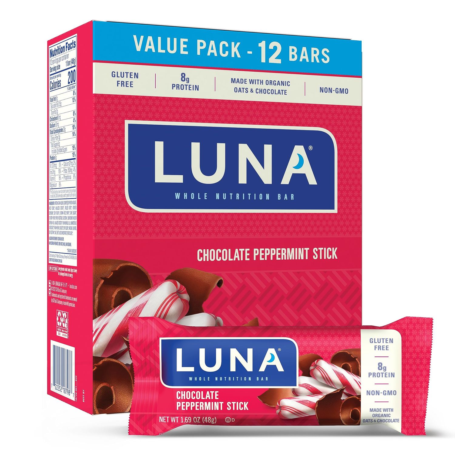 LUNA Bar - Chocolate Peppermint Stick - Gluten-Free - Non-GMO - 7-9g Protein - Made with Organic Oats - Low Glycemic - Whole Nutrition Snack Bars - 1.69 oz. (12 Pack)