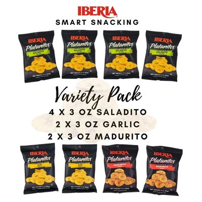 Iberia Plantain Chips, Variety, 4 Salted Plantain Chips, 2 Naturally Sweet Plantain Chips, 2 Garlic Plantain Chips, 3 Ounce (Pack of 8)