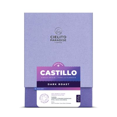 Castillo, Dark Roast Cielito Paradise Coffee Whole Bean Huila Colombia Single Origin, versatile and savory with notes of dark chocolate, cacao nibs, and molasses, 12oz