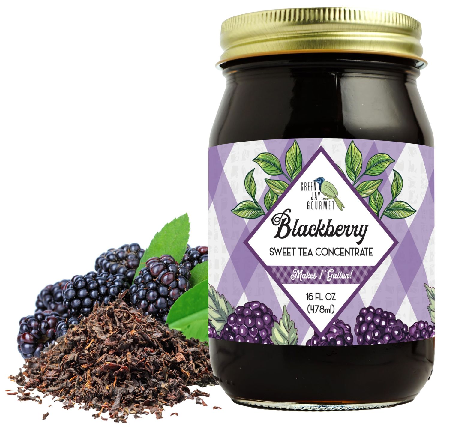 Green Jay Gourmet Blackberry Sweet Tea Concentrate - All-Natural Black Tea - Easy to Prepare &amp; Makes 1 Gallon - Handcrafted in the USA in a Pint Mason Jar - Ideal for Parties &amp; Gatherings - 16 Ounces