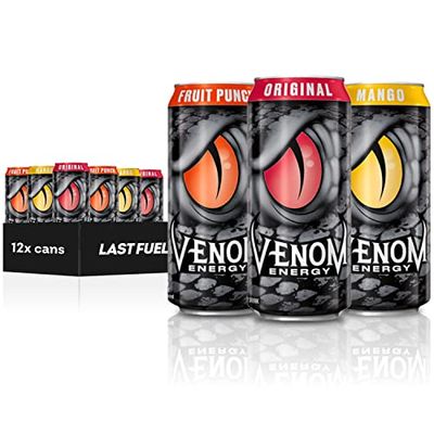 Venom Energy Drink, Variety Pack (Original, Mango, and Fruit Punch), 0 Fat, 160mg Caffeine, 16 Fl Oz (Pack of 12) By LastFuel.