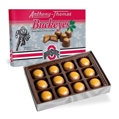 Anthony Thomas, Great Tasting Peanut Butter &amp; Milk Chocolate Buckeyes in Ohio State Buckeyes Box, Deliciously Delightful Snacks (12 Count)