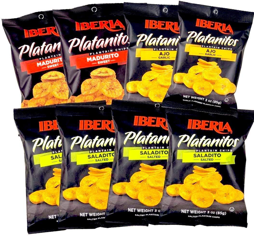 Iberia Plantain Chips, Variety, 4 Salted Plantain Chips, 2 Naturally Sweet Plantain Chips, 2 Garlic Plantain Chips, 3 Ounce (Pack of 8)