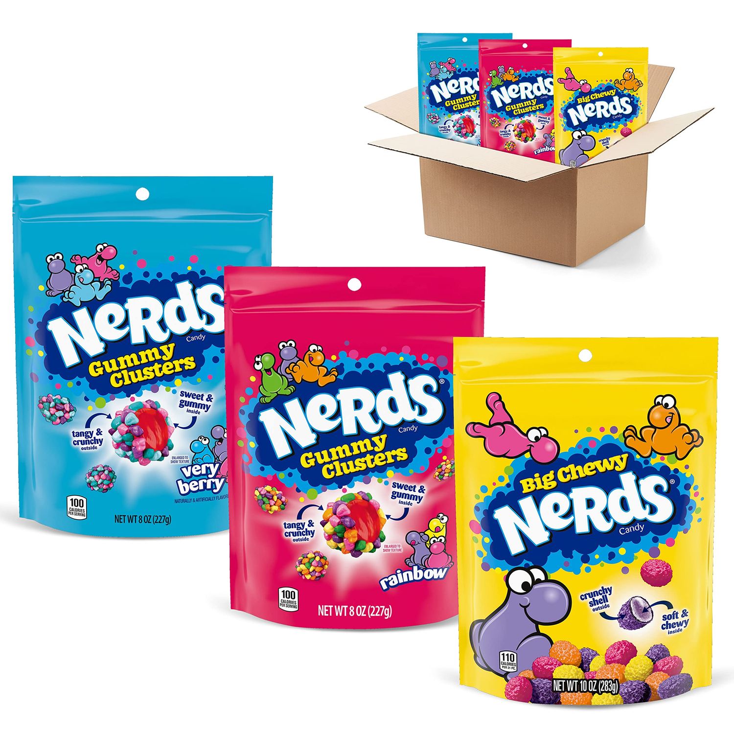 NERDS Gummy Clusters Variety Pack  Rainbow Gummy Clusters Very Berry Gummy Clusters Big Chewy Nerds  Individually Wrapped Reclosable Bags of Candy  Pack of 3 2 8 oz Bags 1 10 oz Bag3 count Pack of 1