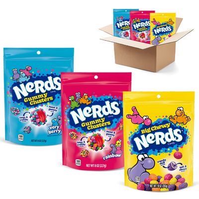 NERDS Gummy Clusters Variety Pack  Rainbow Gummy Clusters Very Berry Gummy Clusters Big Chewy Nerds  Individually Wrapped Reclosable Bags of Candy  Pack of 3 2 8 oz Bags 1 10 oz Bag3 count Pack of 1
