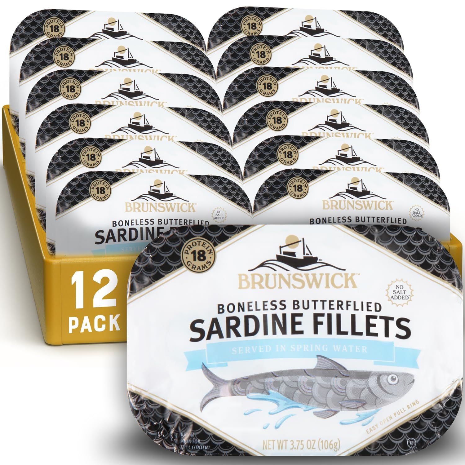Brunswick Sardine Fillets in Water, 3.75 oz Can (Pack of 12) - Wild Caught Sardines in Spring Water- 18g Protein per Serving - Gluten Free, Keto Friendly - Great for Pasta &amp; Seafood Recipes