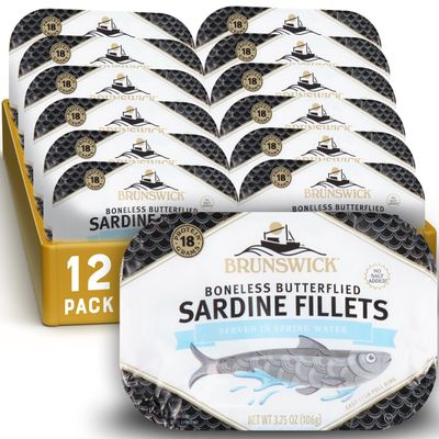 Brunswick Sardine Fillets in Water, 3.75 oz Can (Pack of 12) - Wild Caught Sardines in Spring Water- 18g Protein per Serving - Gluten Free, Keto Friendly - Great for Pasta &amp; Seafood Recipes