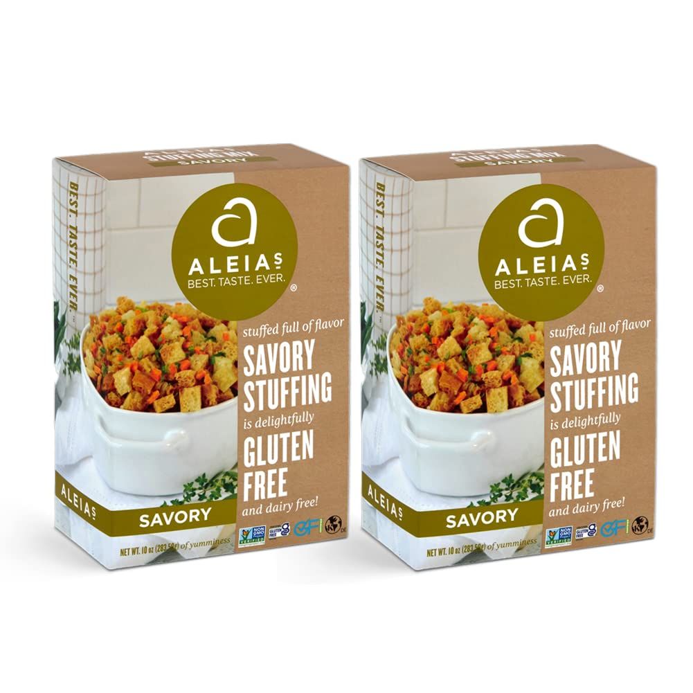 ALEIAS BEST TASTE EVER Savory Stuffing Mix  10 oz  2 Pack  Authentic Taste Classic Stuffing for Gluten Free Recipes Certified Gluten Free NonGMO Corn Free Soy Free Dairy Free Low Sodium Kosher