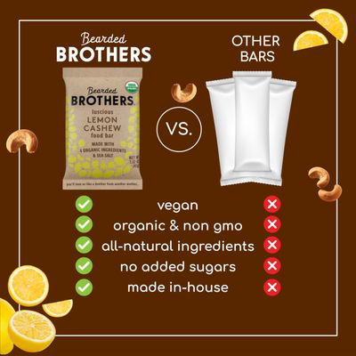 Bearded Brothers Organic Vegan Protein Energy Bars | Gluten Free, Paleo, Fiber, Whole 30 | Non GMO Low Glycemic Snacks | Lemon Cashew 12 Pack