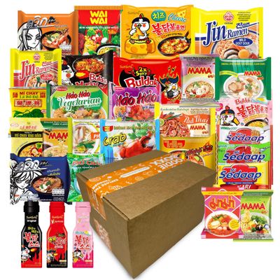 FOODIE BOXX Asian Instant Variety Ramen Noodles with Samyang Hot Sauce (15 Pack, Original)