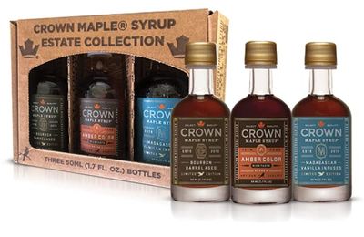 Crown Maple Premium Trio Collection in Petite 50ML (1.7 Fl. Oz.) Window Box featuring Amber Color, Bourbon Barrel Aged, and Madagascar Vanilla Infused Organic Maple Syrup