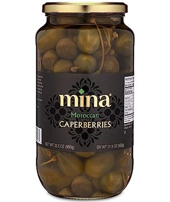 Mina Caperberries 33.5 oz, Premium Caper Berries with Stems, Perfect Mediterranean Seasoning or Garnish, Made with Caperberries, Vinegar, Water, and Sea Salt, Non-GMO, Vegan, Gluten-Free, Keto, Paleo