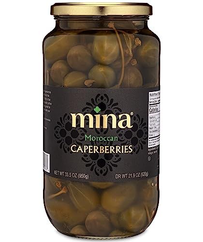 Mina Caperberries 33.5 oz, Premium Caper Berries with Stems, Perfect Mediterranean Seasoning or Garnish, Made with Caperberries, Vinegar, Water, and Sea Salt, Non-GMO, Vegan, Gluten-Free, Keto, Paleo