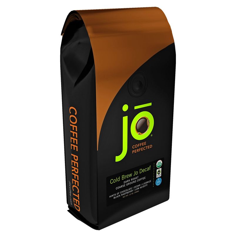 COLD BREW JO DECAF: 12 oz. Coarse Ground USDA Organic Decaf Coffee, Dark French Roast, Swiss Water Process, Soft Velvety Texture, Low Acidity, Fair Trade Certified, Gluten Free, Non-GMO, Chemical Free