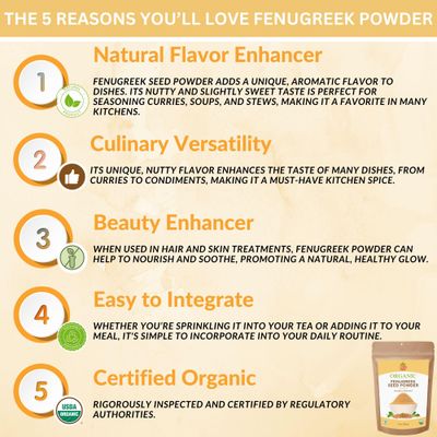 SPICY ORGANIC Fenugreek Powder - 8 OZ - USDA Certified Organic - Freshly Ground Indian Fenugreek Seeds for Hair, Tea &amp; Robust Seasoning Spice in Cooking