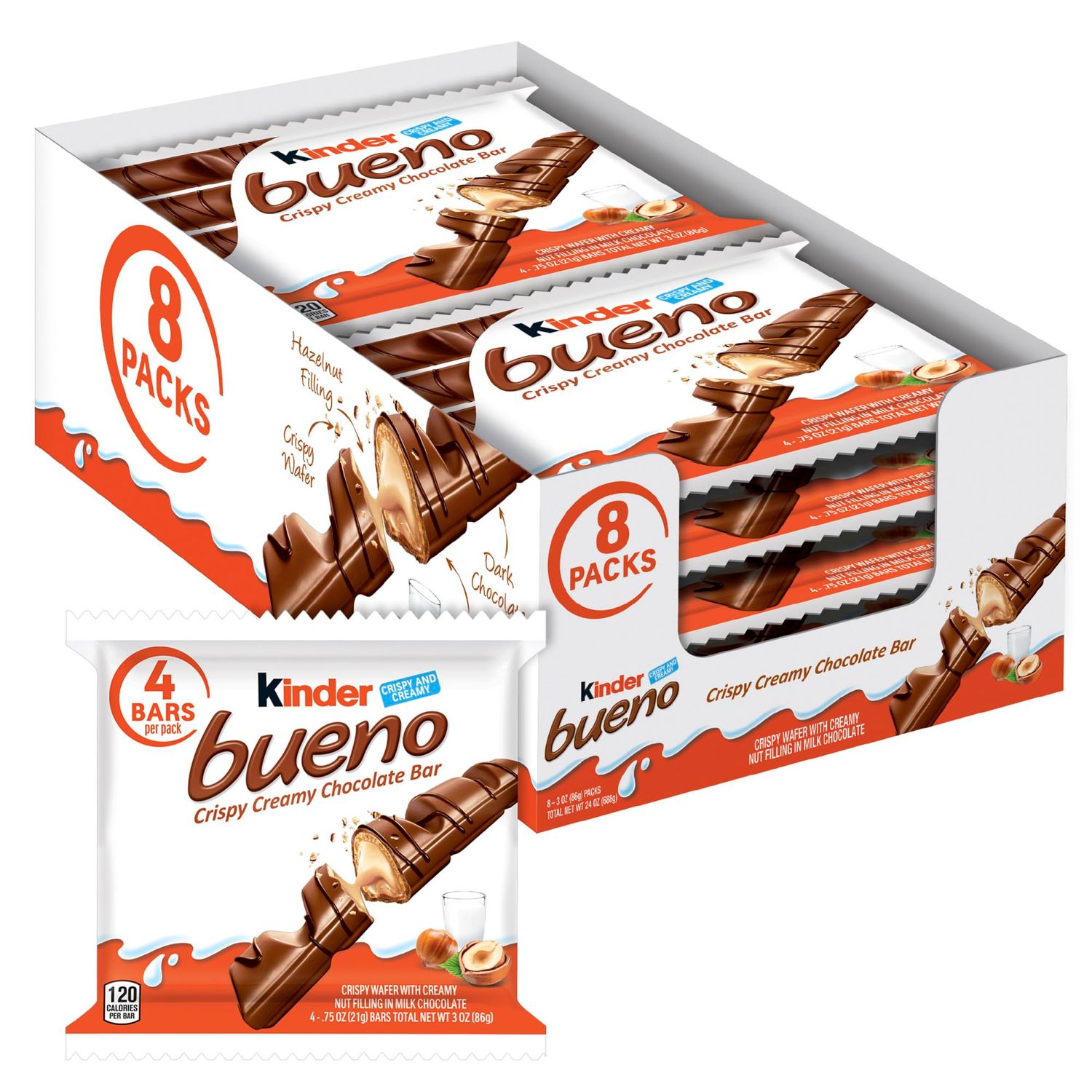 Kinder Bueno, Bulk 8 Pack, Milk Chocolate And Hazelnut Cream, Holiday Gift And Stocking Stuffer, 4 Bars Per Pack, Individually Wrapped Chocolate Bars, 3 Oz Each