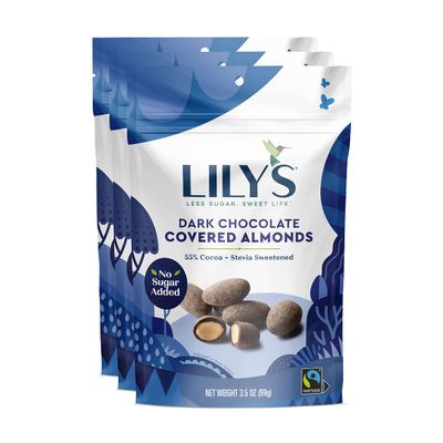 Dark Chocolate Covered Almonds by Lily&#39;s Sweets, Made with Stevia, No Added Sugar, Low-Carb, Keto-Friendly Christmas Candy | Fair Trade, Gluten-Free &amp; Non-GMO Ingredients | 3.5 Oz (Pack of 3), 10.5 Oz