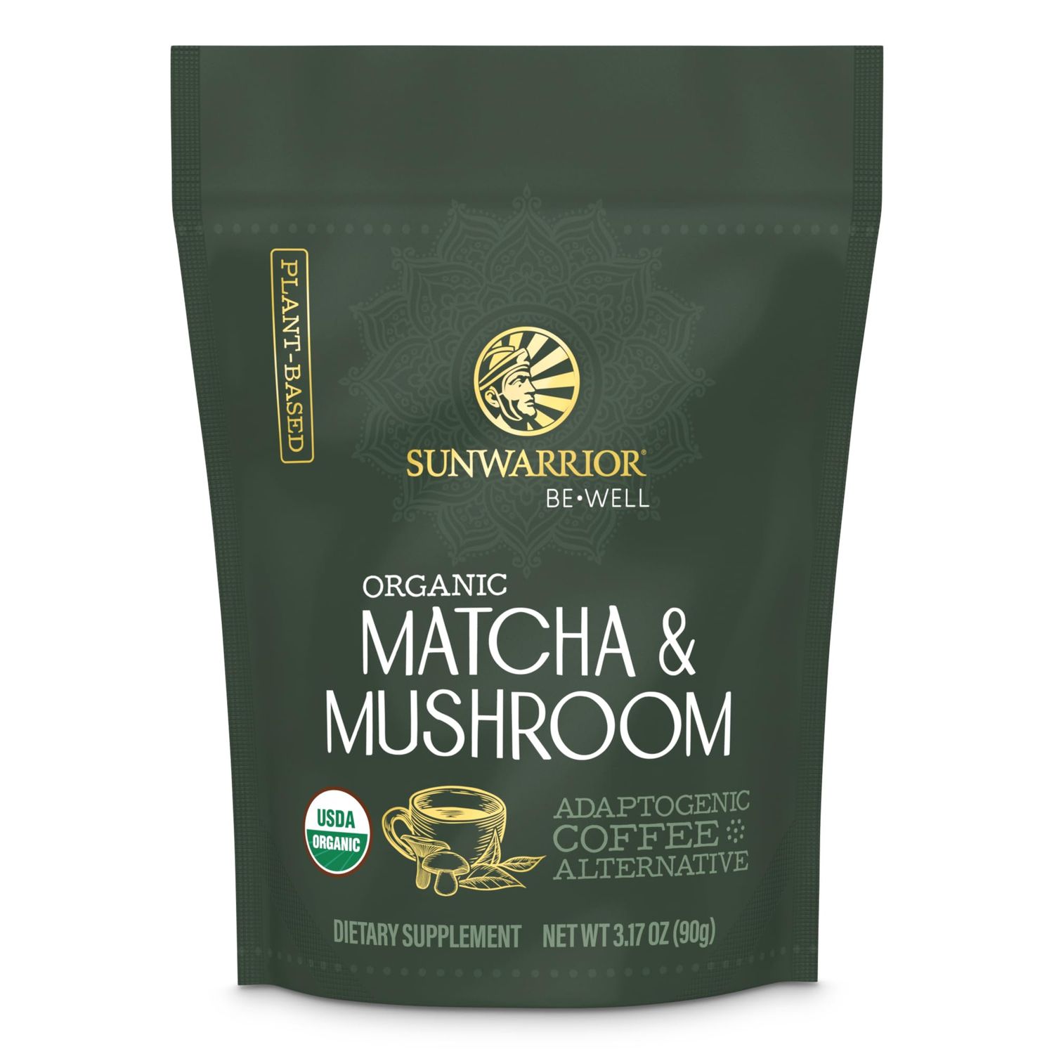 Sunwarrior Organic Matcha Mushroom Powder Supplement | Matcha &amp; Mushroom Coffee Alternative Organic Blend of Ceremonial Grade Matcha and Adaptogenic Mushrooms | 90g Pouch 30 Servings Be Well