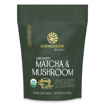 Sunwarrior Organic Matcha Mushroom Powder Supplement | Matcha &amp; Mushroom Coffee Alternative Organic Blend of Ceremonial Grade Matcha and Adaptogenic Mushrooms | 90g Pouch 30 Servings Be Well