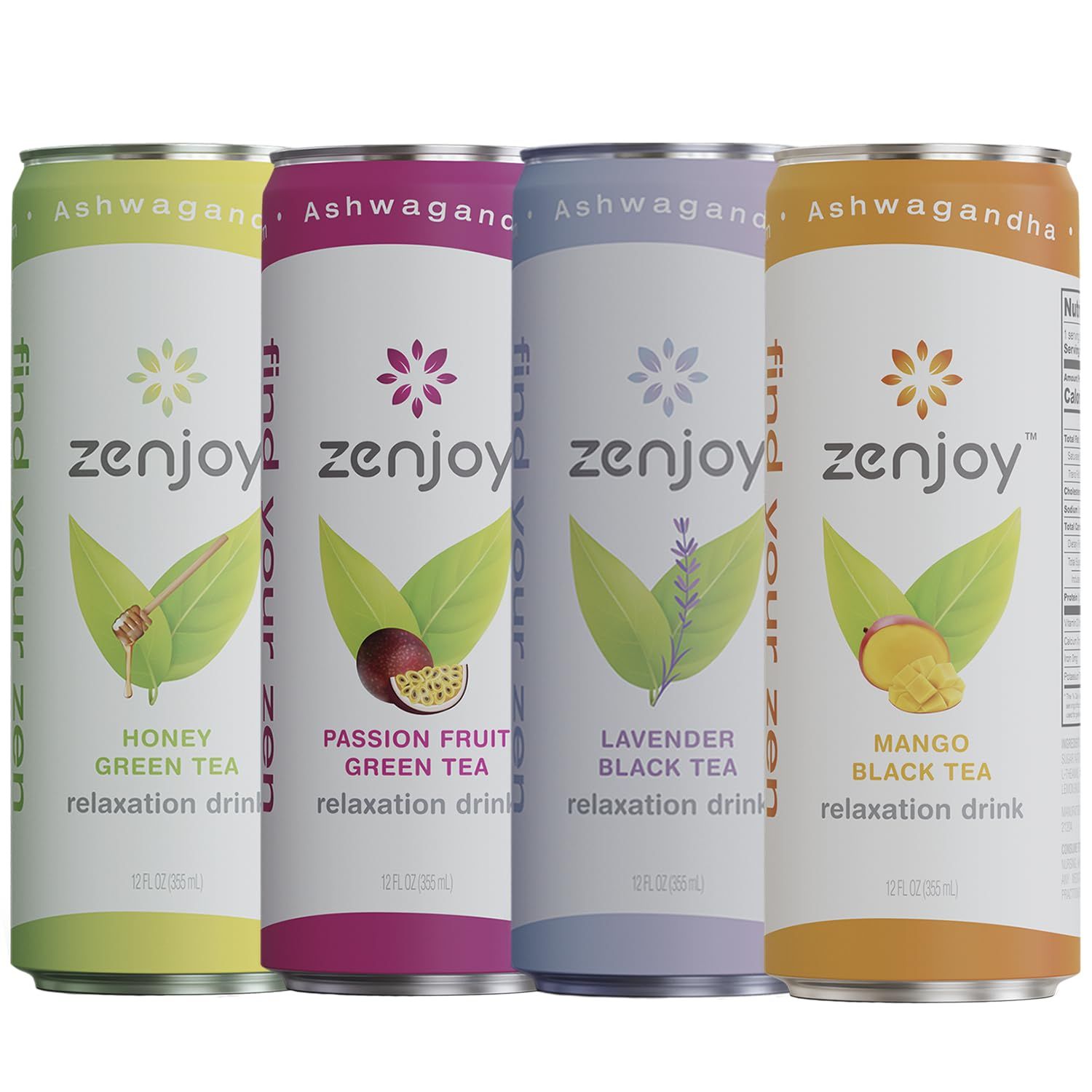 Zenjoy Variety 4 Pack - Calming Drink with Ashwagandha &amp; Lemon Balm - Non-Alcoholic Beverage Infused with L-Theanine for Enhanced Focus - 12oz Cans