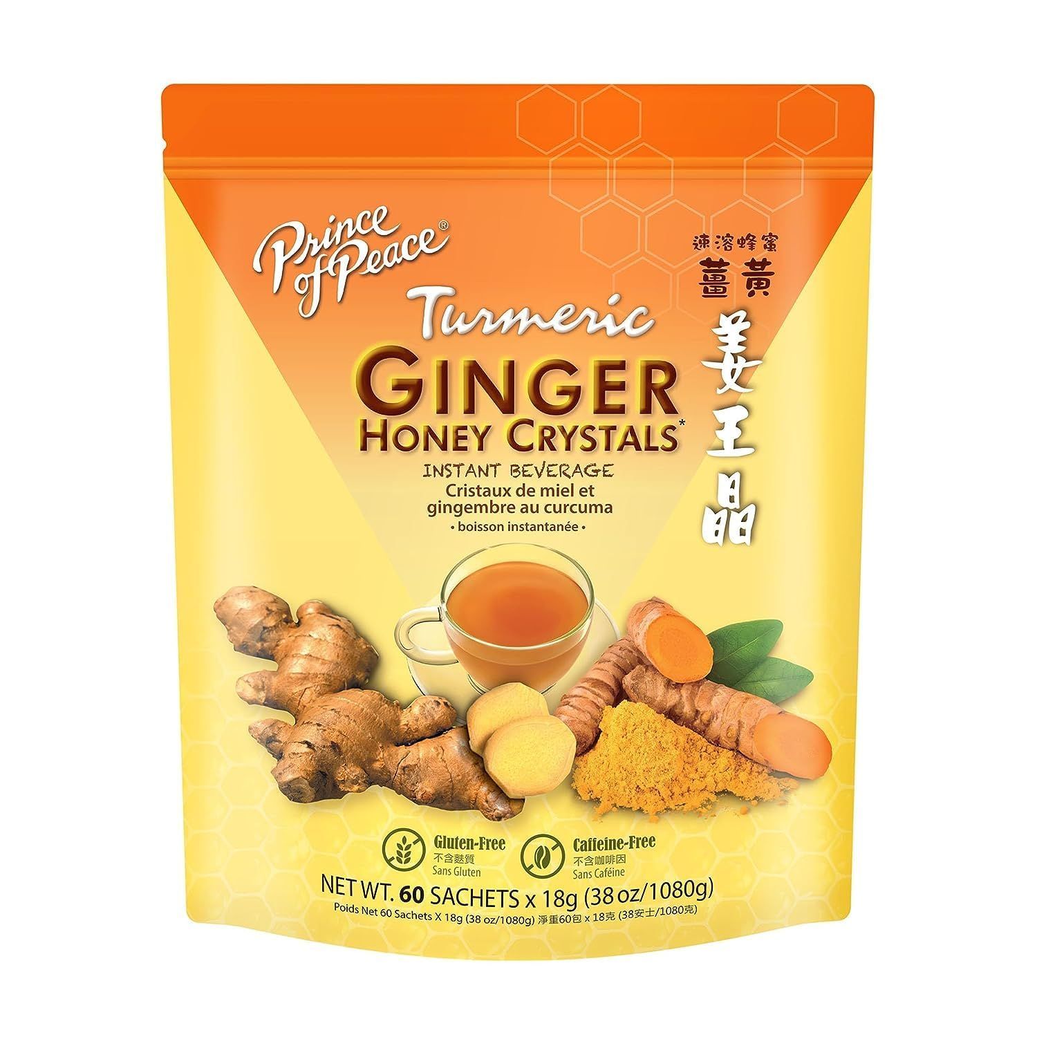 Prince of Peace Instant Ginger Honey Crystals with Turmeric, Value Pack 60 Sachets - Instant Hot or Cold Beverage Easy to Brew - Caffeine and Gluten Free - Real Ginger 38oz (1080g)