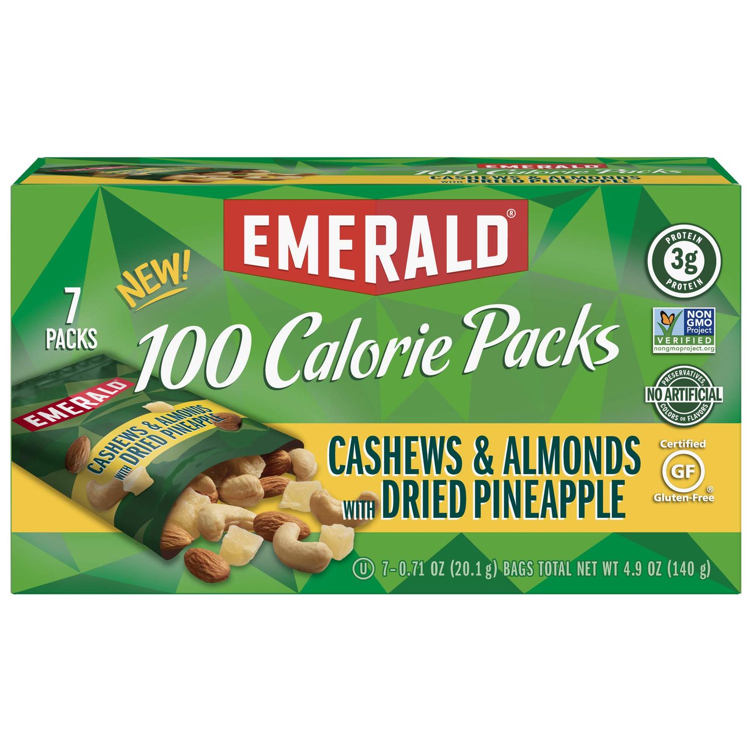 Emerald Nuts Cashews and Almonds with Dried Pineapple 7 Ct (1-Pack), 100-Calorie Individual Packs of Mixed Nut Blend and Dried Fruit