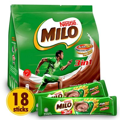 Nestle Milo 3-in-1 Chocolate Powder (Richer than The Original) - Instant Malt Chocolate Milk Powdered Drink - Fortified Energy Drink - More Chocolatey &amp; More Malty - Imported from Malaysia, 18 Sticks