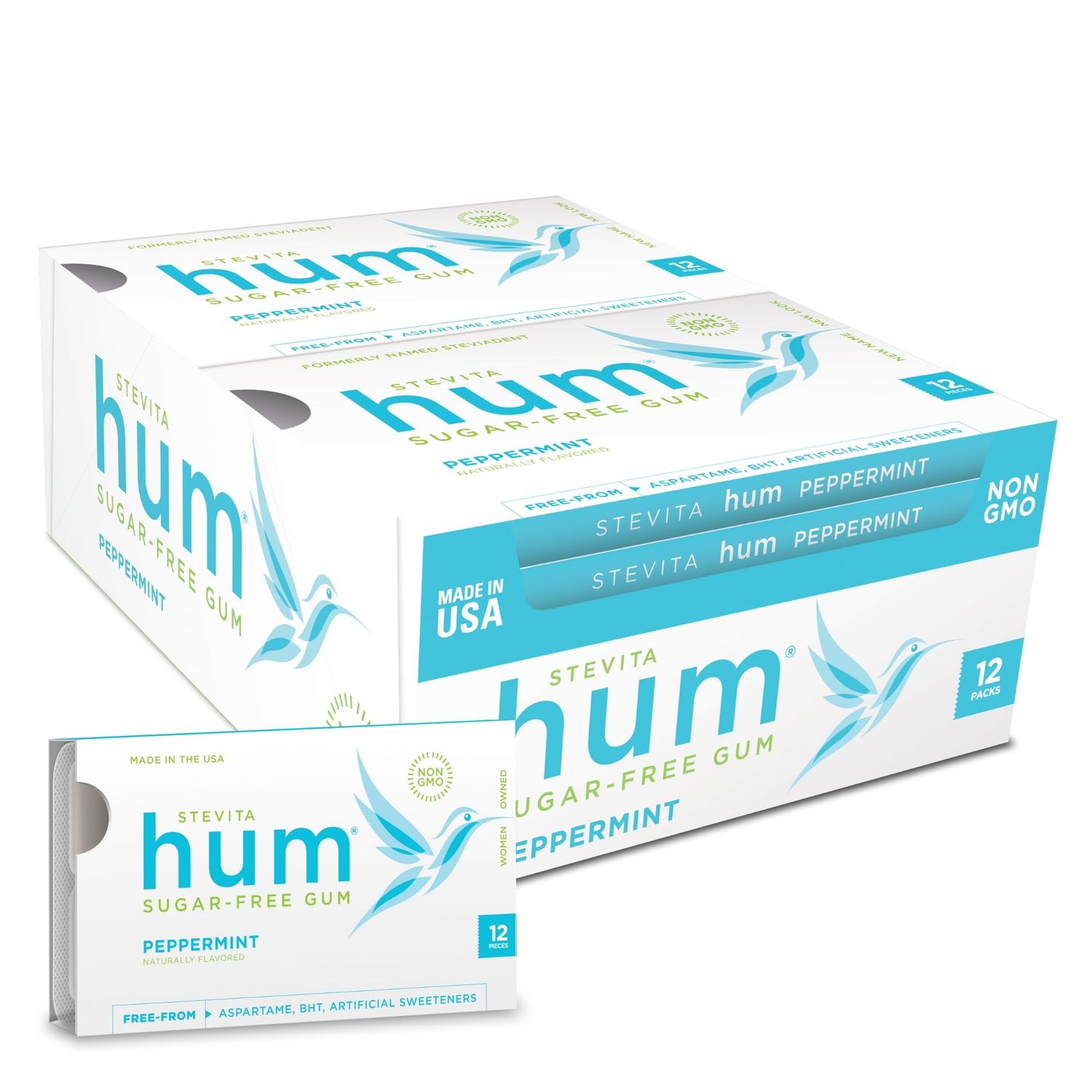 Stevita Hum, Peppermint - Sugar-Free Gum - 12 Pieces, Pack of 12 - Supports Oral Health - Non-GMO, Vegetarian, Keto, Gluten Free (Package may vary)