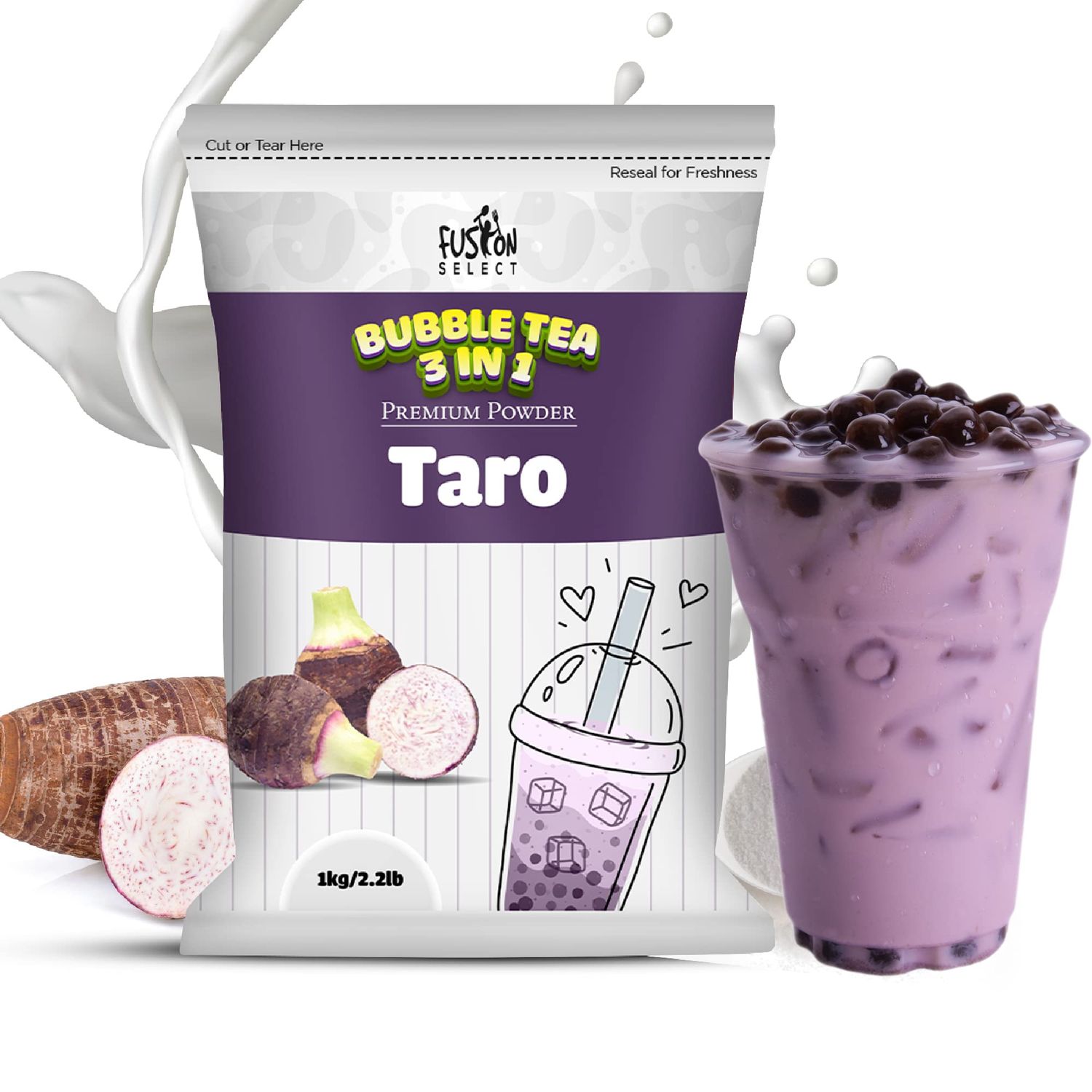 Fusion Select 2.2lb Taro Milk Tea Powder, Taro Powder For Bubble Tea Flavored 3-in-1 Drink Powder with Cream &amp; Sugar - Instant Pre-Mixed Beverage for Hot or Cold Blends or Yummy Frappes