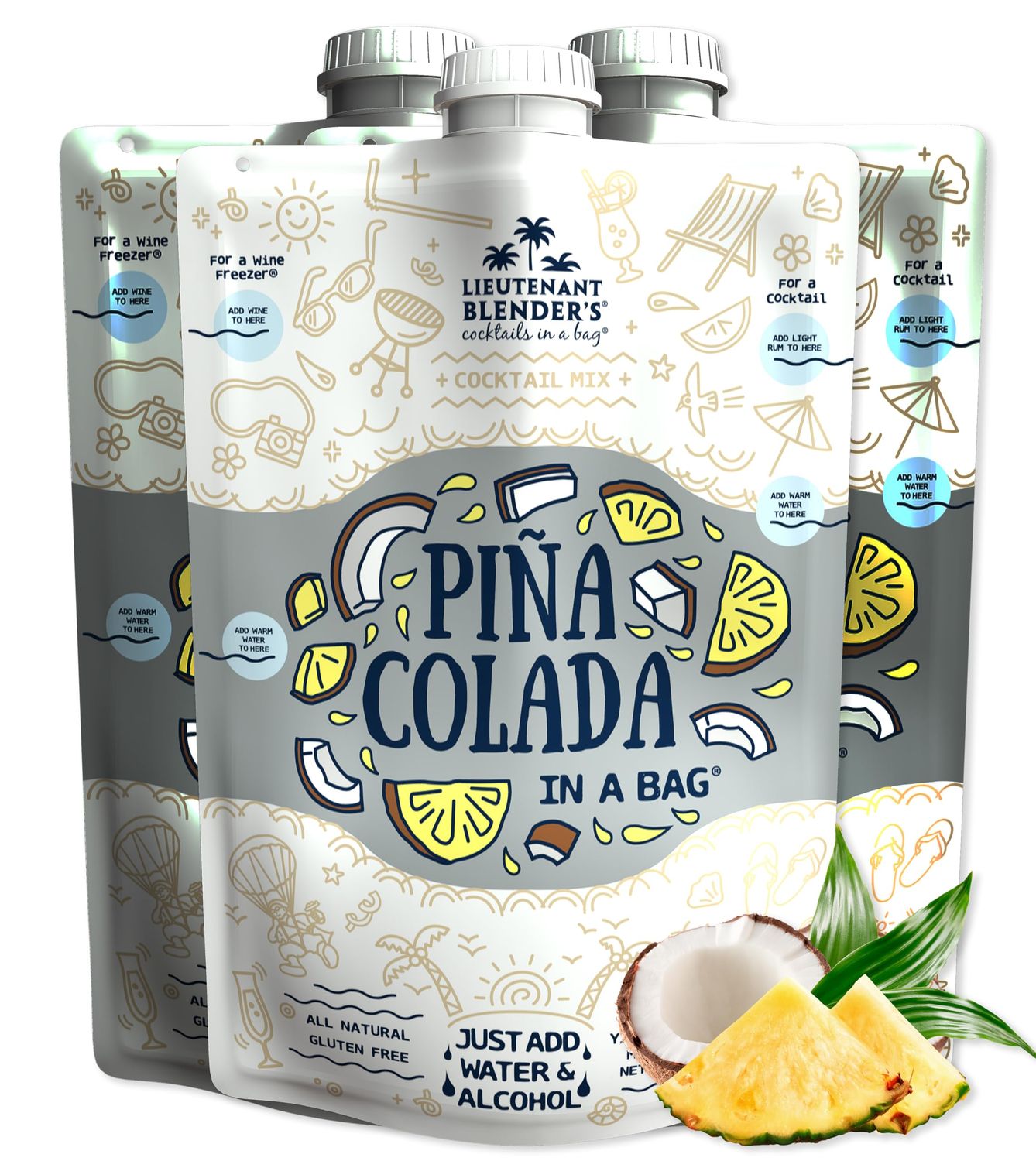 Lt. Blender&#39;s Pina Colada in a Bag - Pina Colada Drink Mix - Each Bag Makes 1/2 Gallon of Slushie Pina Colada Mix - Cocktail Mix - Make a Cocktail, Wine Slushie or Mocktail - (Pack of 3)