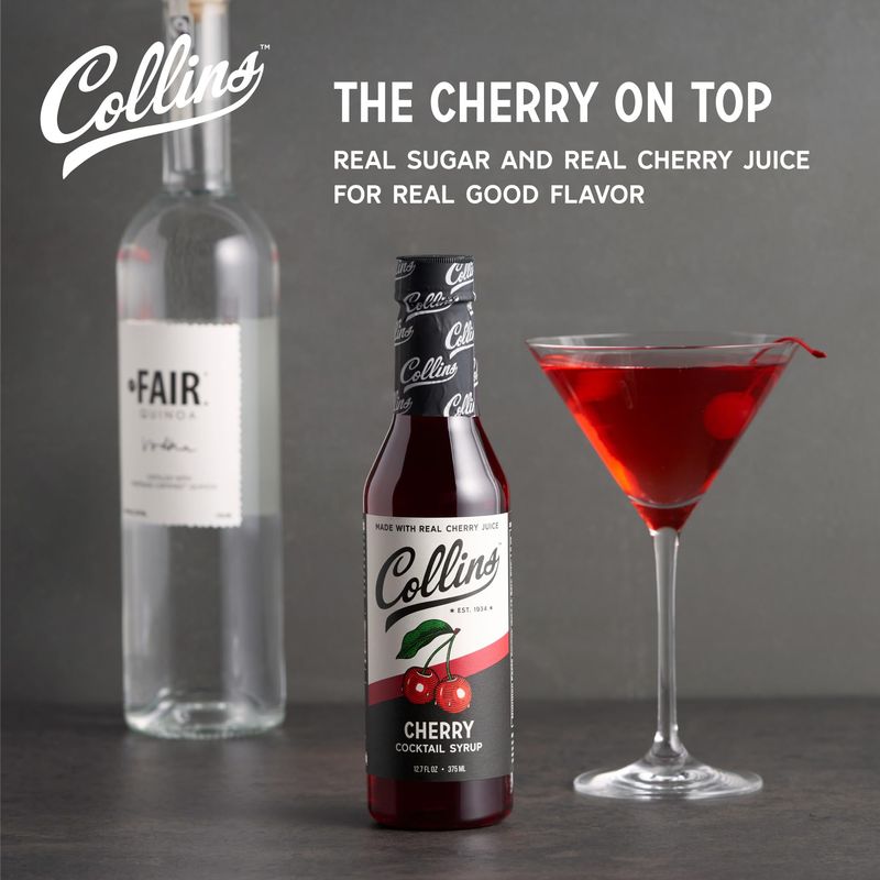 Collins Cherry Syrup, Cherry Simple Syrup, Real Sugar Cocktail Syrups, Soda Water Flavors, Cocktail Mixers, 12.7 Ounces, Set of 1