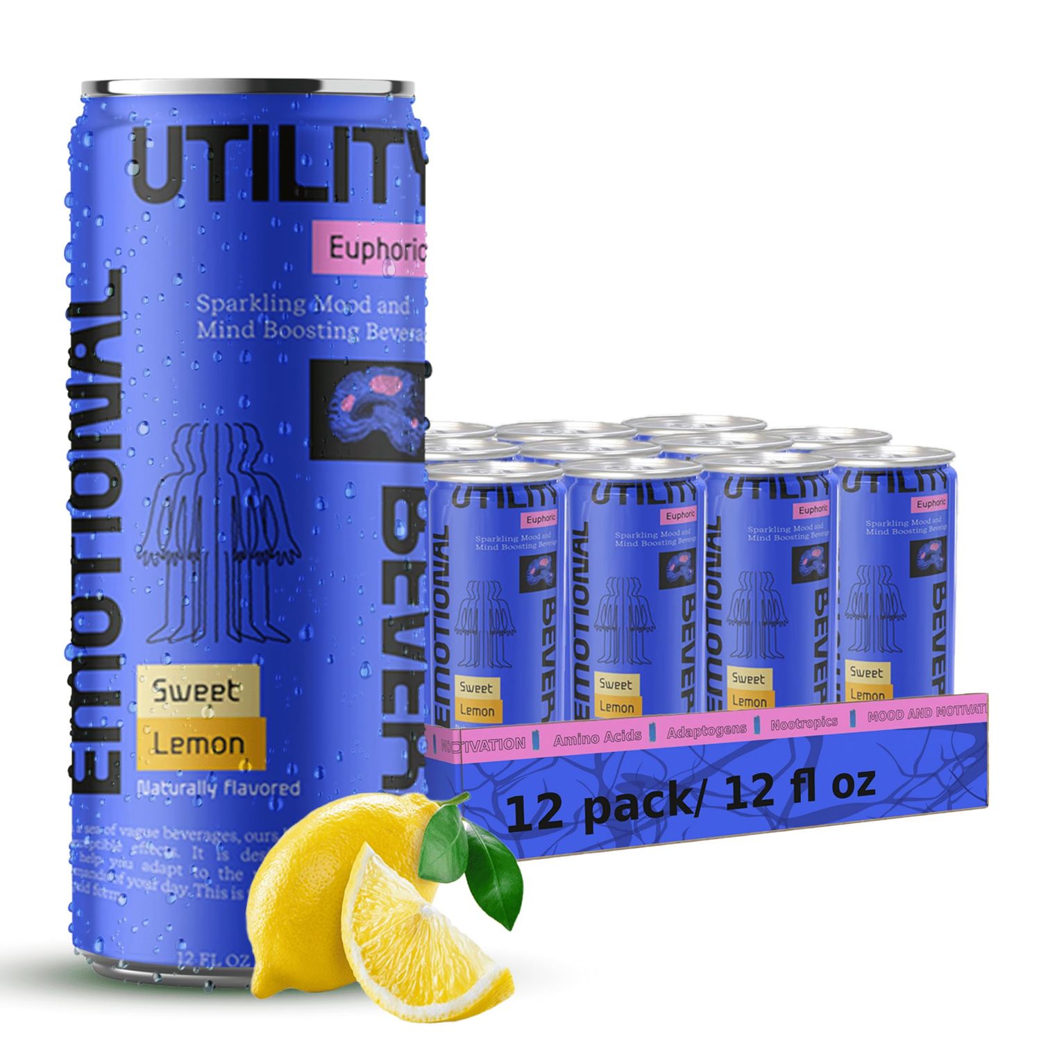 E.U.B Lemon Sparkling Beverage with Nootropics &amp; Adaptogens, Motivation and Mood Support, 35mg Organic Green Tea Caffeine, 25 Calories per Can, 12oz Cans, (Pack of 12)